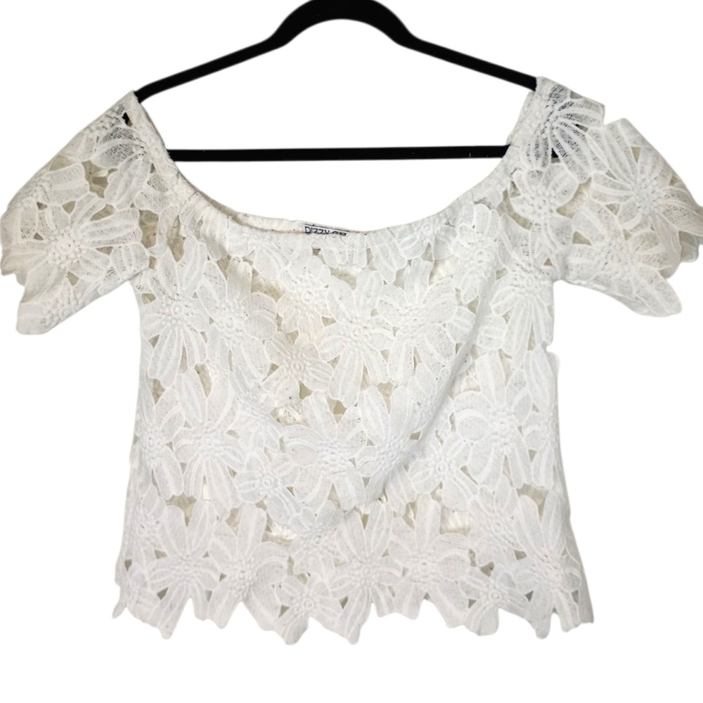Vintage Dizzy Gal Womens White Floral Lace Off The Shoulder Crop Short Sleeve L